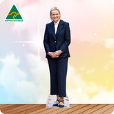 Cardboard cutout of a woman in a suit with 'Australian Made' logo on a colorful background